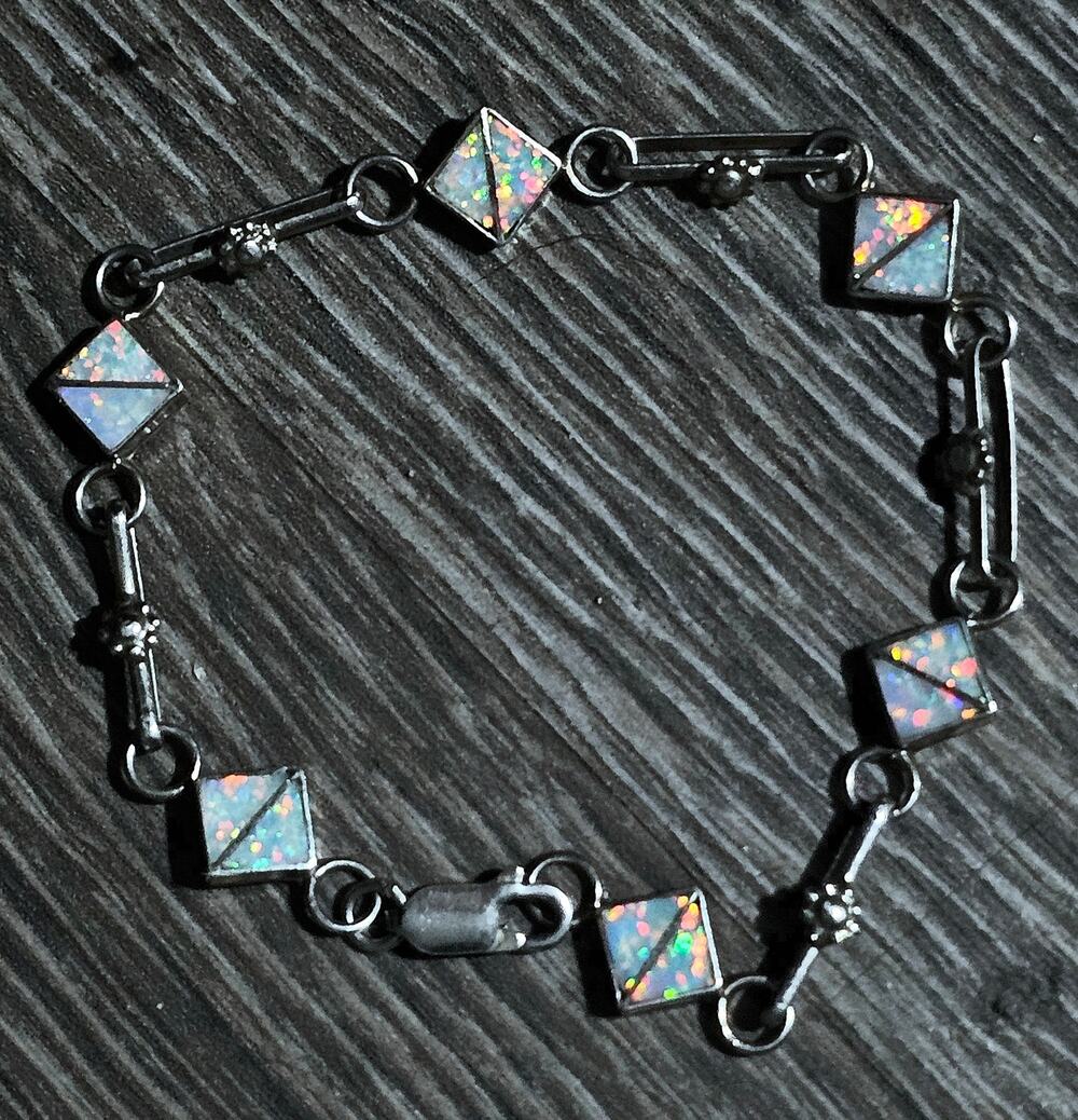 1 ct Fiery Australian Opal Inlay Tennis Bracelet in Sterling Silver 7.5"